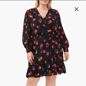 Vince Camuto Black Smocked Waist Surplice Floral Midi Dress Sz 3X NWT Red